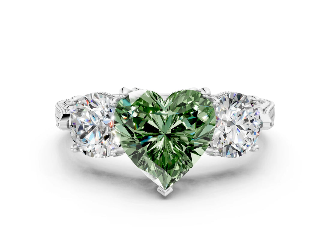 Platinum Three-Stone Fancy Green Heart Cut Cut Milgrain Band Prong Setting Ring_126