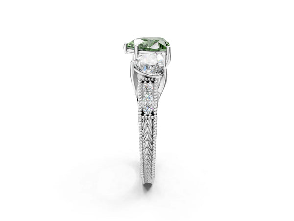 Platinum Heart-Shaped Engraved Three Stone Engagement Ring Setting for Fancy Green Center