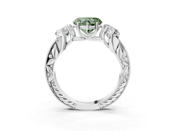 Platinum Heart-Shaped Engraved Three Stone Engagement Ring Setting for Fancy Green Center