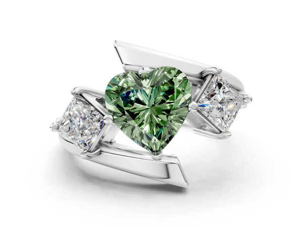 Platinum Three-Stone Fancy Green Heart Cut Cut Tension Band Ring with Four-Prong Setting