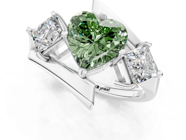 Platinum Three-Stone Fancy Green Heart Cut Cut Tension Band Ring with Four-Prong Setting