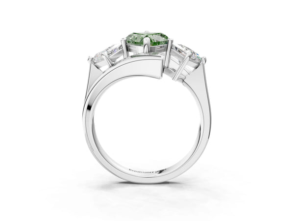 Platinum Three-Stone Fancy Green Heart Cut Cut Tension Band Ring with Four-Prong Setting