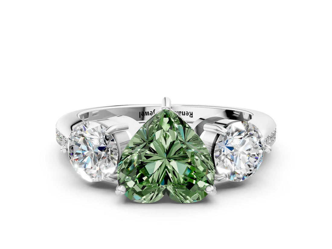 Platinum Three-Stone Fancy Green Heart Cut Diamond Channel Set Engagement Ring with Prong Setting_18