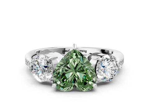 Platinum Three-Stone Fancy Green Heart Cut Diamond Channel Set Engagement Ring with Prong Setting_18