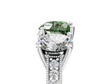 Platinum Three-Stone Fancy Green Heart  Diamond Milgrain Pave Band with Prong Setting