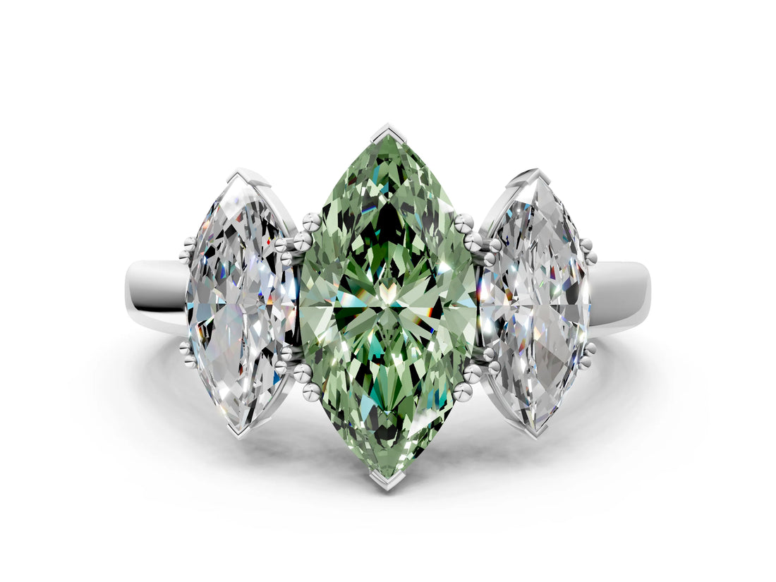 Platinum Three-Stone Fancy Green Marquise Cut Cut Diamond Ring with Channel Set Band and Four-Prong Setting_30