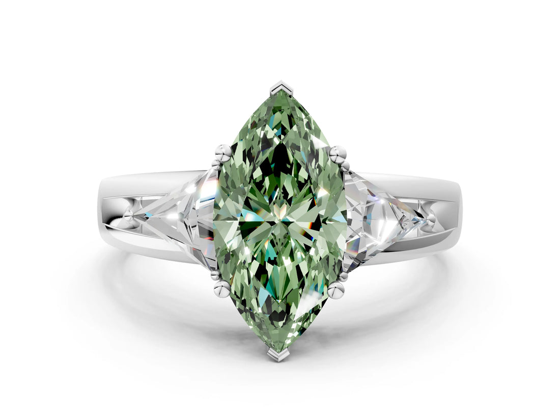 Platinum Three-Stone Fancy Green Marquise Cut Cut Diamond Ring with Trillion Side Stones on a Split Shank Band_9