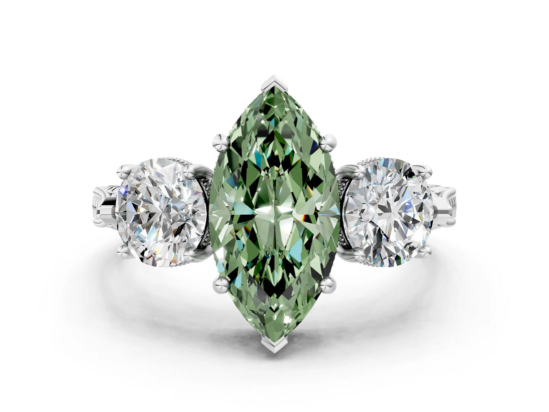Platinum Three-Stone Fancy Green Marquise Cut Cut Milgrain Band Prong Setting Ring_6