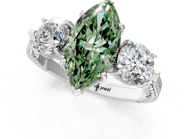 Platinum Marquise Vintage Three Stone Engagement Ring Setting for Fancy Green Center