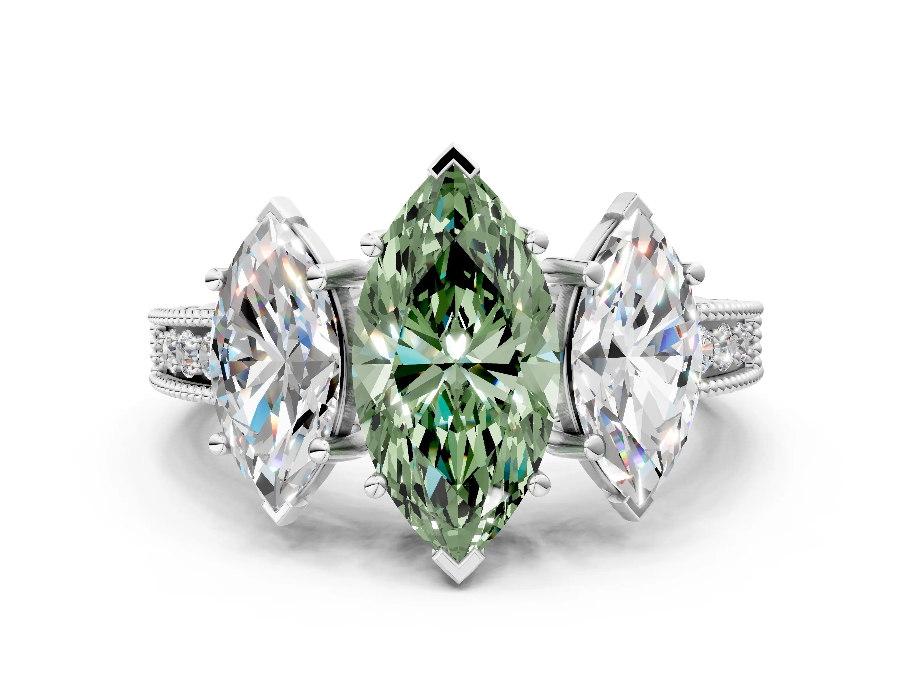 Platinum Three-Stone Fancy Green Marquise Cut Cut Milgrain Pavé Engagement Ring_24