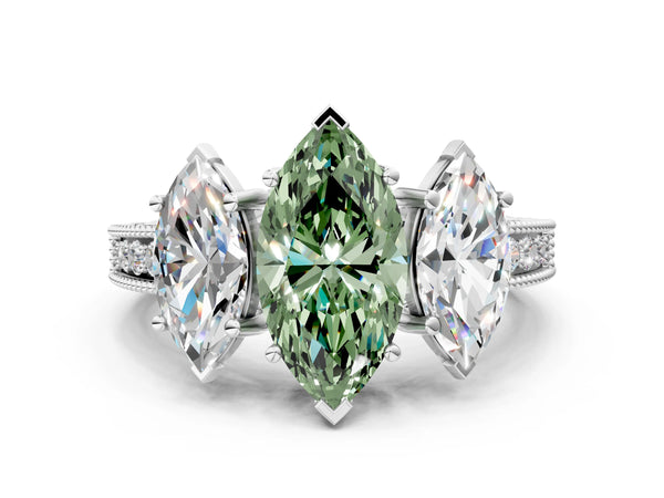 Platinum Marquise Engraved Three Stone Engagement Ring Setting for Fancy Green Center