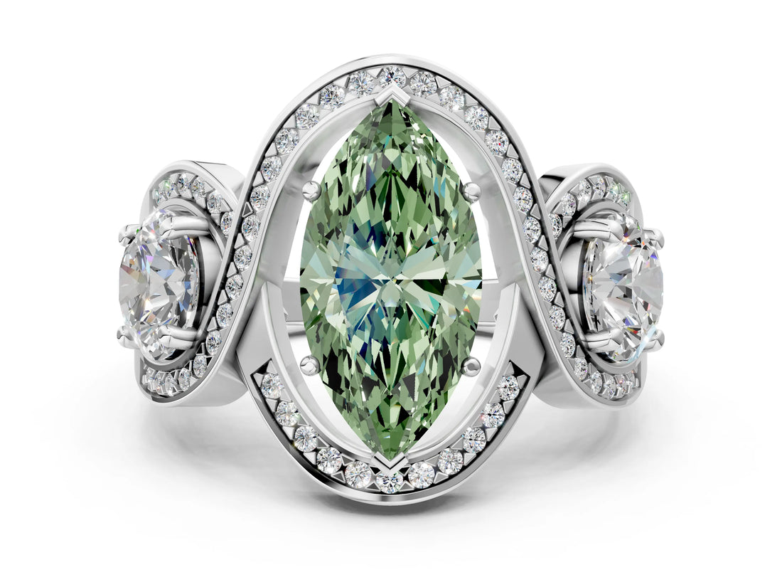 Platinum Three-Stone Fancy Green Marquise Cut Diamond Wave Pave Band with Prong Setting_36