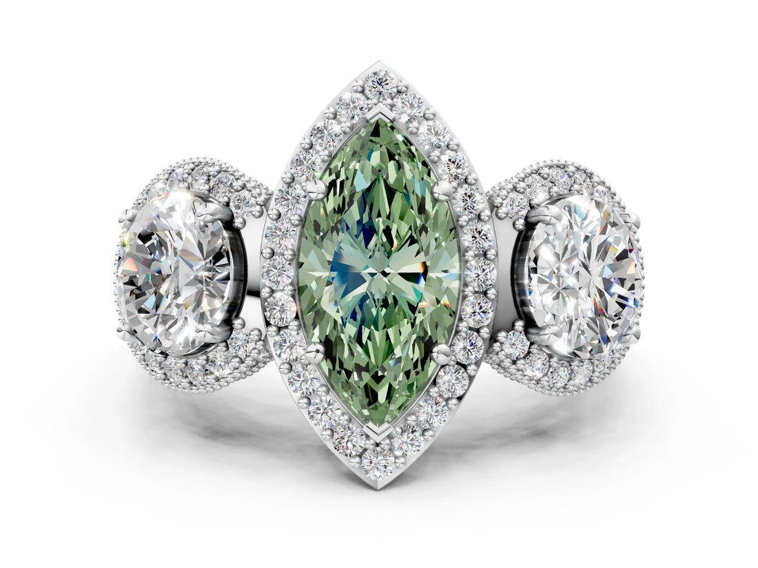 Platinum Three-Stone Fancy Green Marquise Cut Halo Diamond Milgrain Band with Four-Prong Setting_6