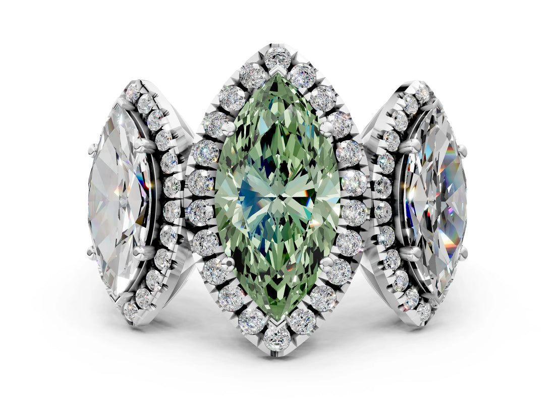 Platinum Three-Stone Fancy Green Marquise Cut Halo Diamond Ring with Pave Band and Four-Prong Setting_6