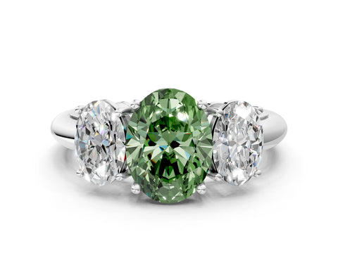 Platinum Three-Stone Fancy Green Oval Cut Cut Diamond Engagement Ring with Prong Setting on a White Gold Band_66