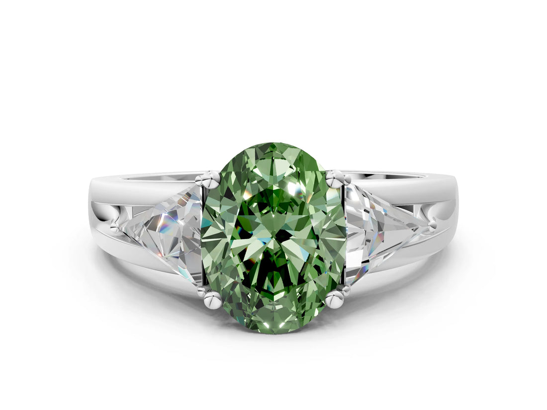 Platinum Three-Stone Fancy Green Oval Cut Cut Diamond Ring with Trillion Side Stones on a Split Shank Band_36