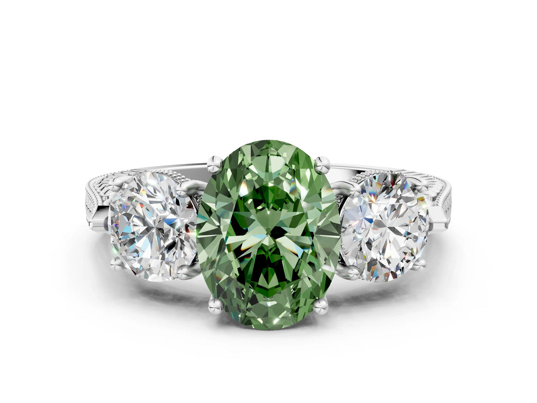 Platinum Three-Stone Fancy Green Oval Cut Cut Milgrain Band Prong Setting Ring_6