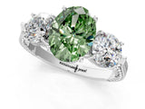 Platinum Three-Stone Fancy Green Oval Cut Cut Milgrain Band Prong Setting Ring_7