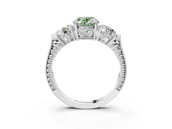 Platinum Oval Vintage Three Stone Engagement Ring Setting for Fancy Green Center