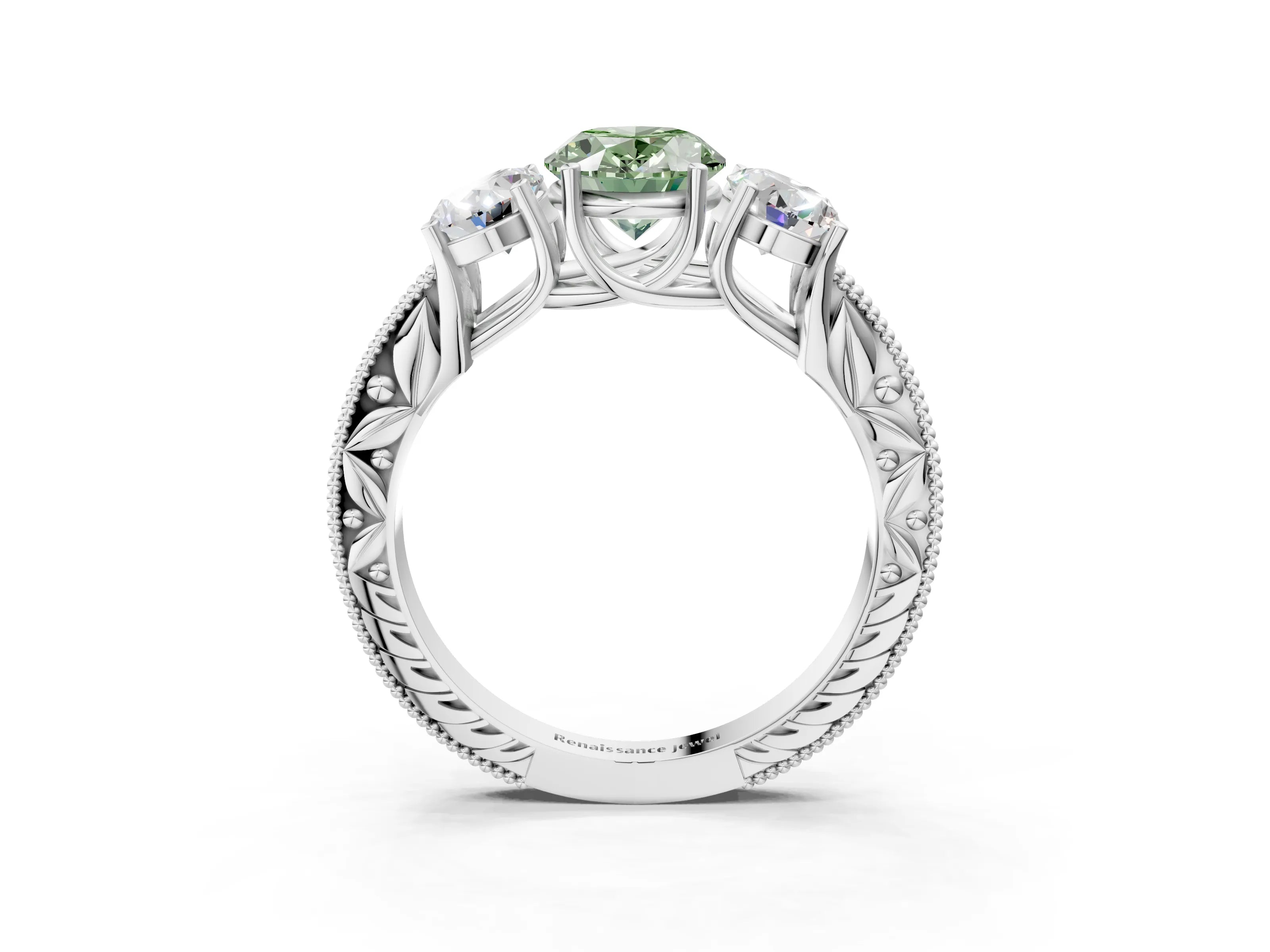 Platinum Three-Stone Fancy Green Oval Cut Cut Milgrain Pavé Engagement Ring_21