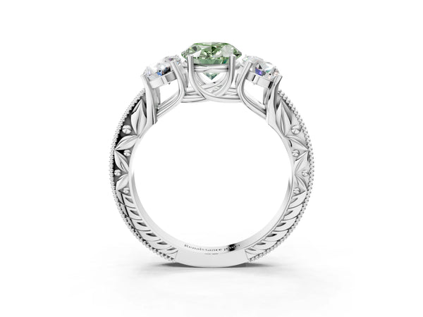Platinum Oval Engraved Three Stone Engagement Ring Setting for Fancy Green Center