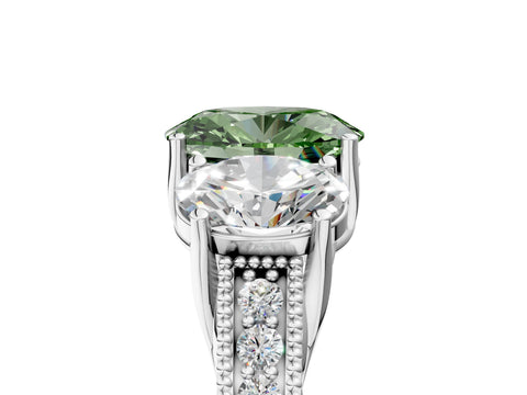 Platinum Three-Stone Fancy Green Oval Cut Cut Milgrain Pavé Engagement Ring_23