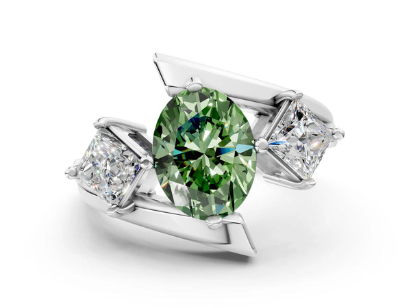 Platinum Three-Stone Fancy Green Oval Cut Cut Tension Band Ring with Four-Prong Setting