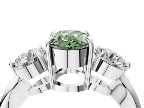 Platinum Three-Stone Fancy Green Oval Cut Diamond Channel Set Engagement Ring with Prong Setting_23