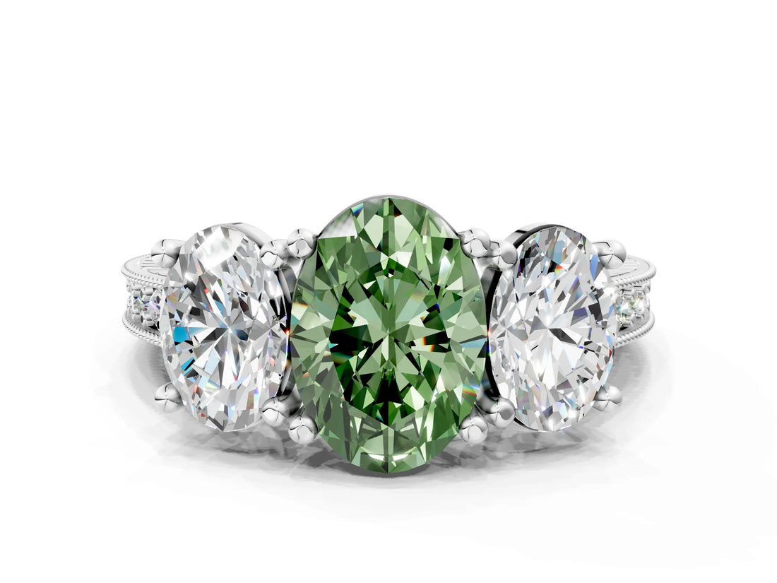 Platinum Three-Stone Fancy Green Oval  Diamond Milgrain Pave Band with Prong Setting
