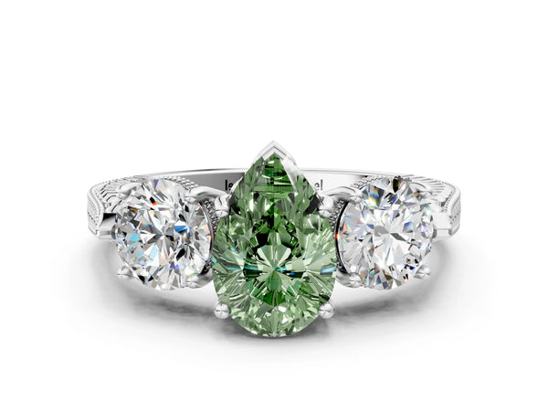 Platinum Pear-Shaped Vintage Three Stone Engagement Ring Setting for Fancy Green Center