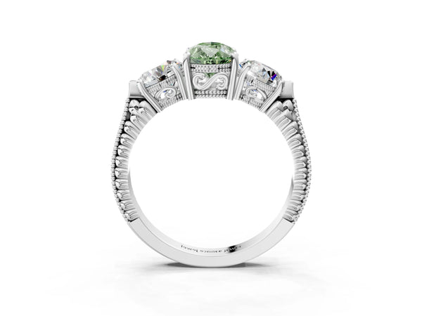 Platinum Pear-Shaped Vintage Three Stone Engagement Ring Setting for Fancy Green Center