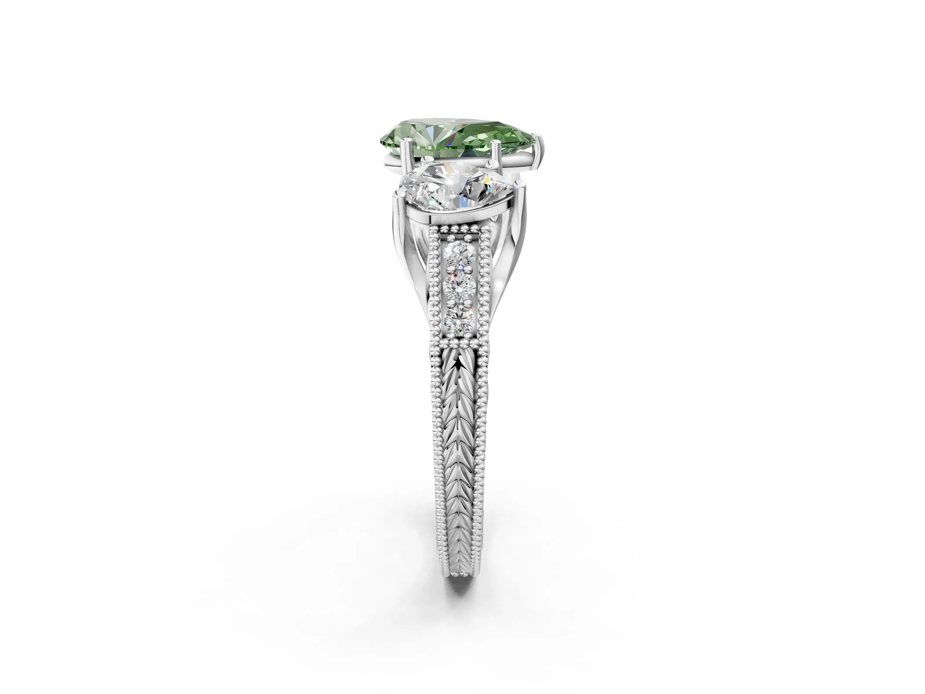 Platinum Three-Stone Fancy Green Pear Cut Cut Milgrain Pavé Engagement Ring_20