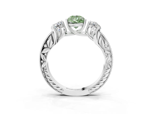 Platinum Pear-Shaped Engraved Three Stone Engagement Ring Setting for Fancy Green Center