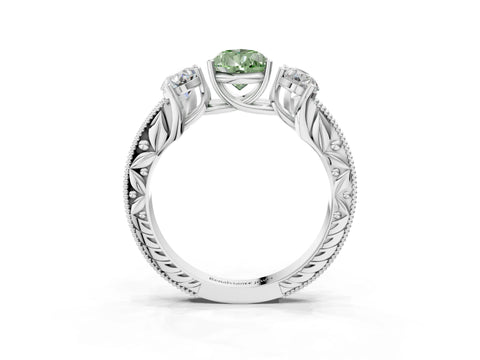 Platinum Three-Stone Fancy Green Pear Cut Cut Milgrain Pavé Engagement Ring_21