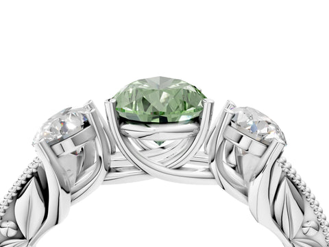 Platinum Three-Stone Fancy Green Pear Cut Cut Milgrain Pavé Engagement Ring_22
