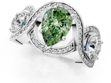 Platinum Three-Stone Fancy Green Pear Cut Diamond Wave Pave Band with Prong Setting_103