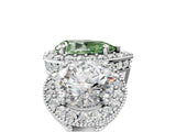 Platinum Three-Stone Fancy Green Pear Cut Halo Diamond Milgrain Band with Four-Prong Setting_17