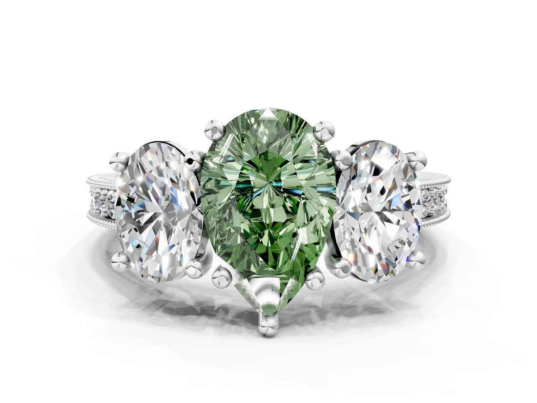 Platinum Three-Stone Fancy Green Pear  Diamond Milgrain Pave Band with Prong Setting