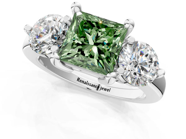 Platinum Three-Stone Fancy Green Princess  Brilliant Cut Solitaire Ring with Prong Setting on a Classic Band