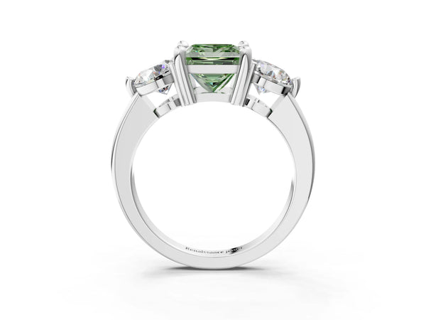 Platinum Three-Stone Fancy Green Princess  Brilliant Cut Solitaire Ring with Prong Setting on a Classic Band
