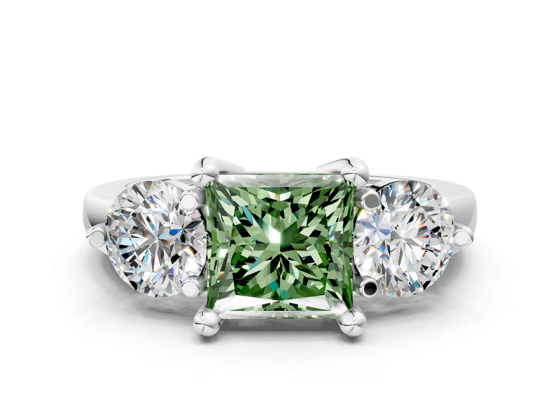 Platinum Three-Stone Fancy Green Princess  Brilliant Cut Solitaire Ring with Prong Setting on a Classic Band