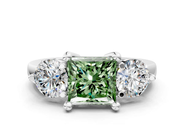Platinum Three-Stone Fancy Green Princess  Brilliant Cut Solitaire Ring with Prong Setting on a Classic Band