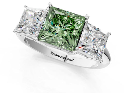 Platinum Three-Stone Fancy Green Princess Cut Cut Diamond Engagement Ring with Prong Setting on a White Gold Band_67