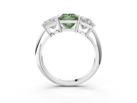 Platinum Three-Stone Fancy Green Princess Cut Cut Diamond Engagement Ring with Prong Setting on a White Gold Band_69