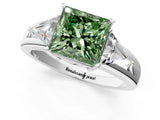 Platinum Three-Stone Fancy Green Princess Cut Cut Diamond Ring with Trillion Side Stones on a Split Shank Band_31