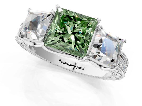 Platinum Princess Cut Engraved Three Stone Engagement Ring Setting for Fancy Green Center