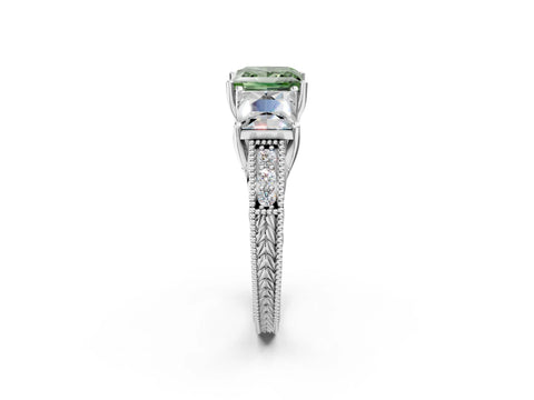 Platinum Three-Stone Fancy Green Princess Cut Cut Milgrain Pavé Engagement Ring_26