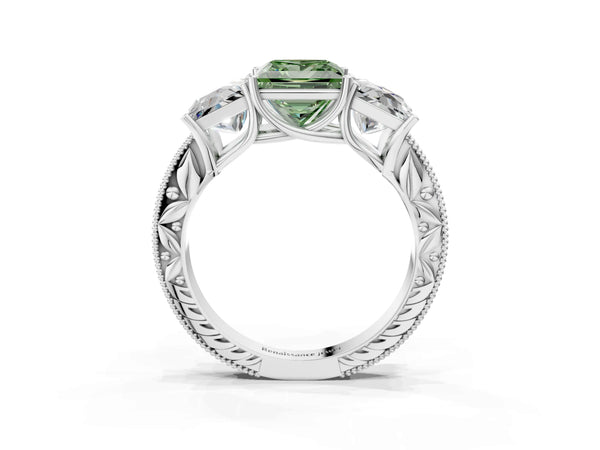Platinum Princess Cut Engraved Three Stone Engagement Ring Setting for Fancy Green Center