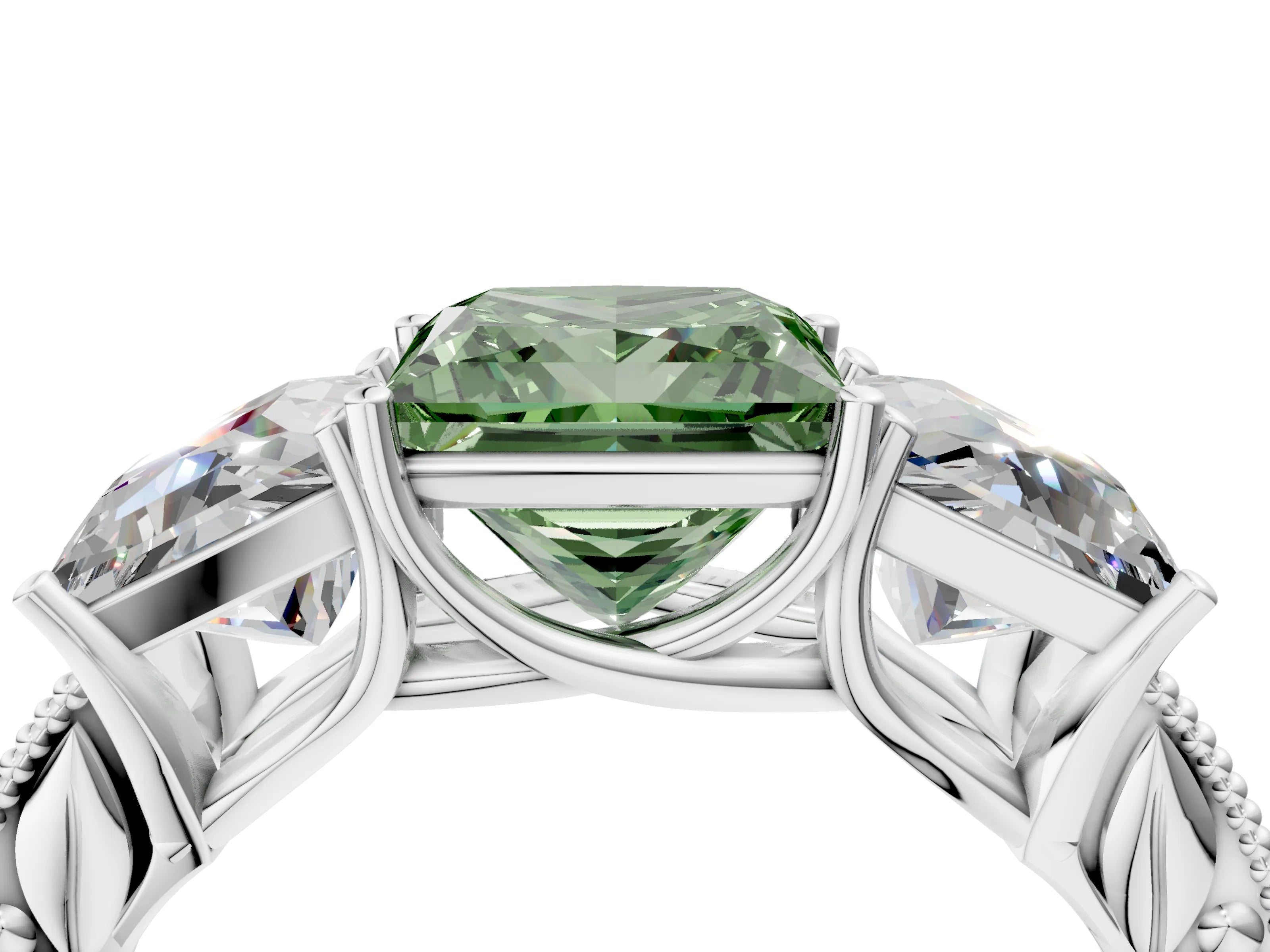 Platinum Three-Stone Fancy Green Princess Cut Cut Milgrain Pavé Engagement Ring_28