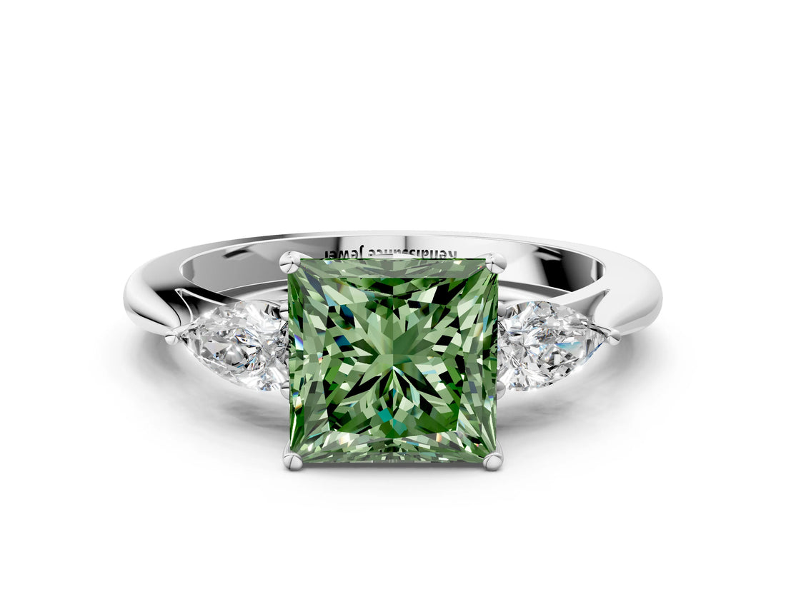 Platinum Three-Stone Fancy Green Princess Cut Diamond Ring with Pear  Side Stones in Four-Prong Setting_12
